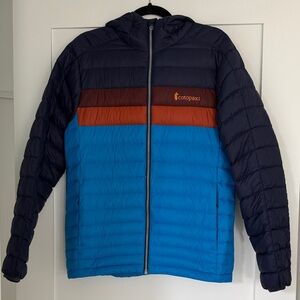 Cotopaxi Men’s Fuego Hooded Down Jacket Blue Orange Colorblock Size S